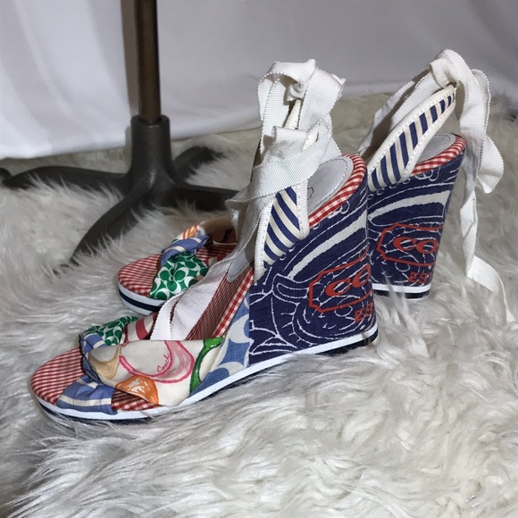 Coach Tammie Wedges Womens 7 1/2M  A8018 Open Toe Ribbon Tie Strap - Picture 4 of 11